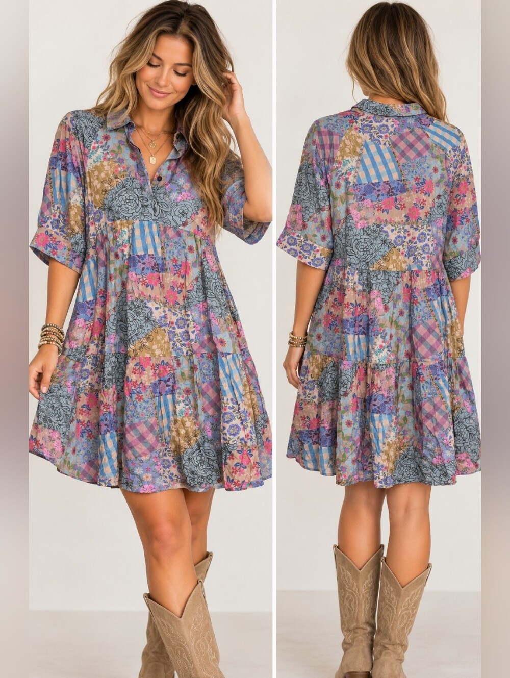Natural Life Becca Patchwork Floral Tiered Mini Dress Small Boho Rayon